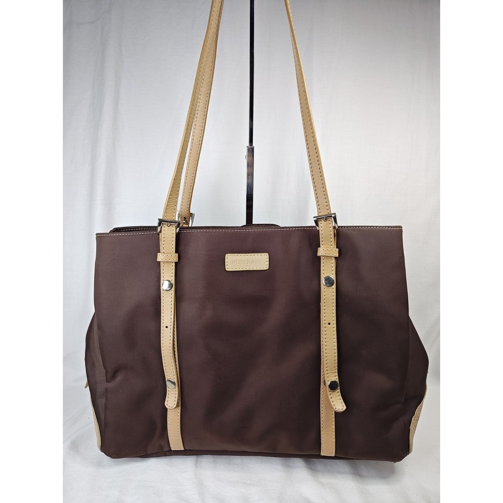 STORKSAK London Bag brown nylon tan leather strap tote Diaper bag Weekend bag